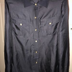 Navy button down silk blouse